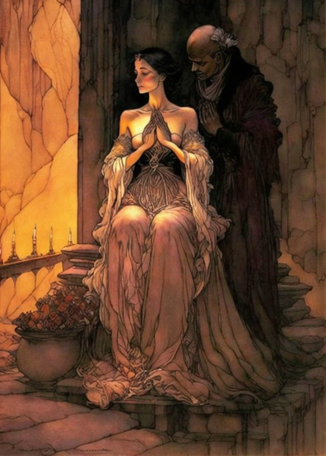 Woman in flowing gown with cloaked figure in candlelit stone setting