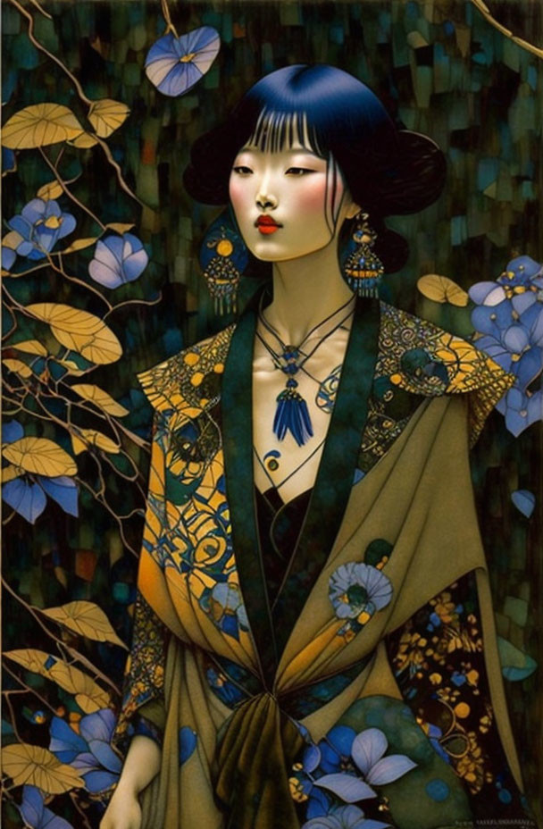 Illustration of pale-skinned woman in blue-black hair, red lips, wearing blue and golden kim