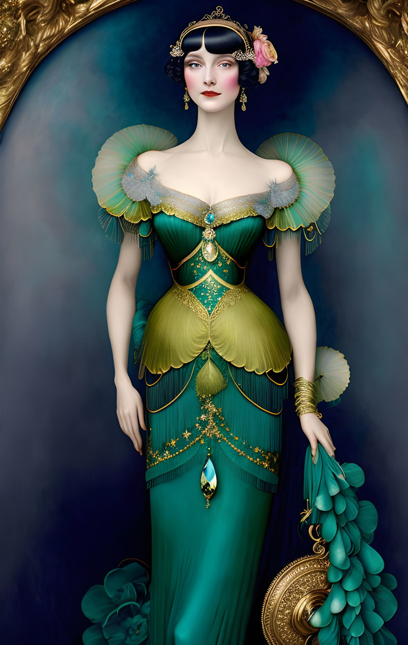 Elaborate teal and gold dress with peacock feather accents and jeweled diadem.