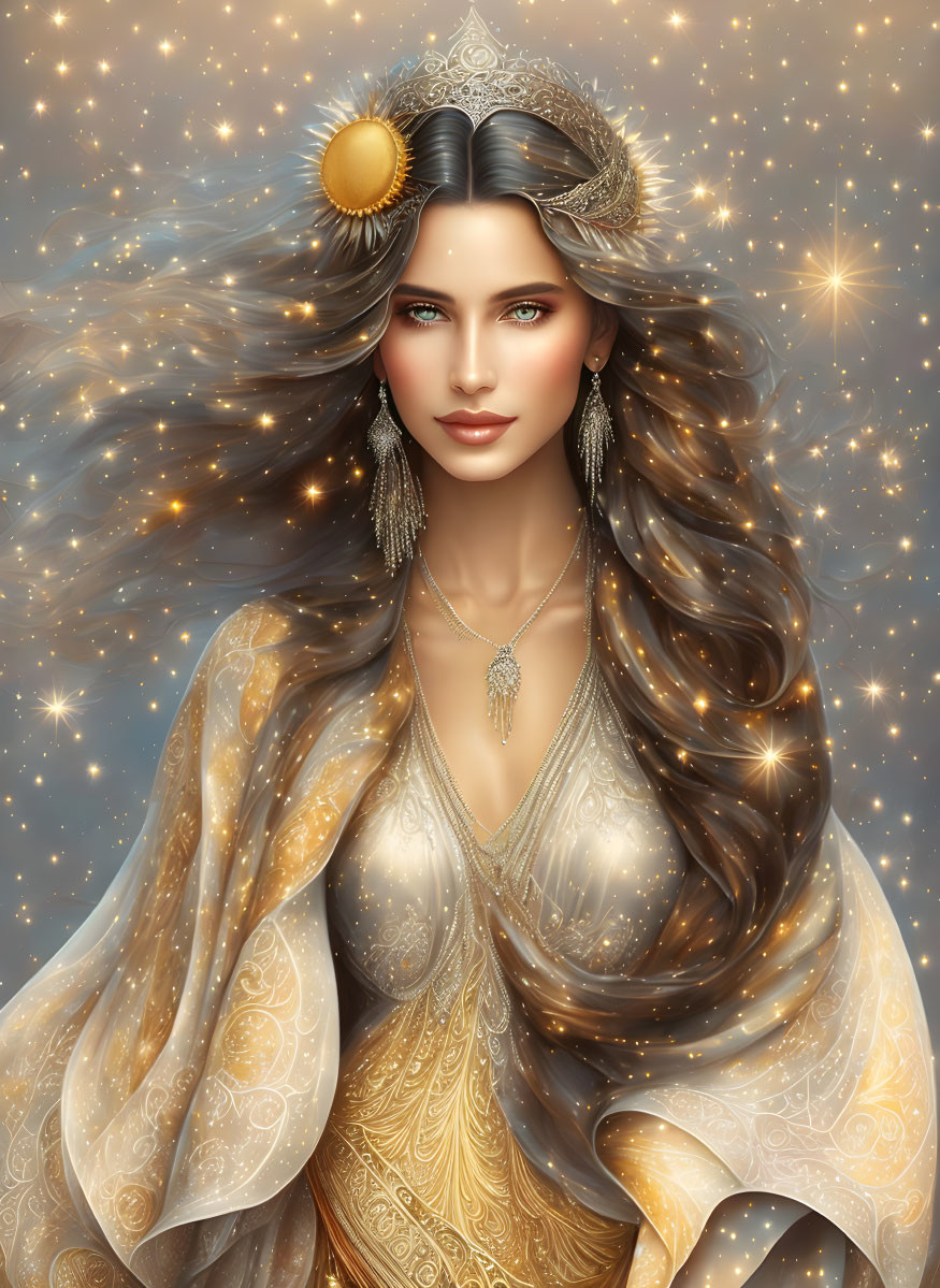 Fantasy art portrait: Woman with flowing brown hair and celestial ornaments in golden backdrop