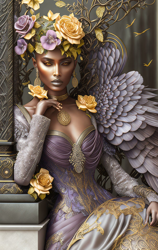 Regal woman with angelic wings in gold and purple attire and floral crown.