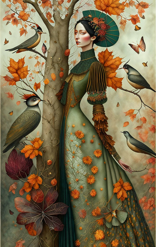 Woman blending with tree, birds, leaves, green dress, autumn foliage, fan pattern