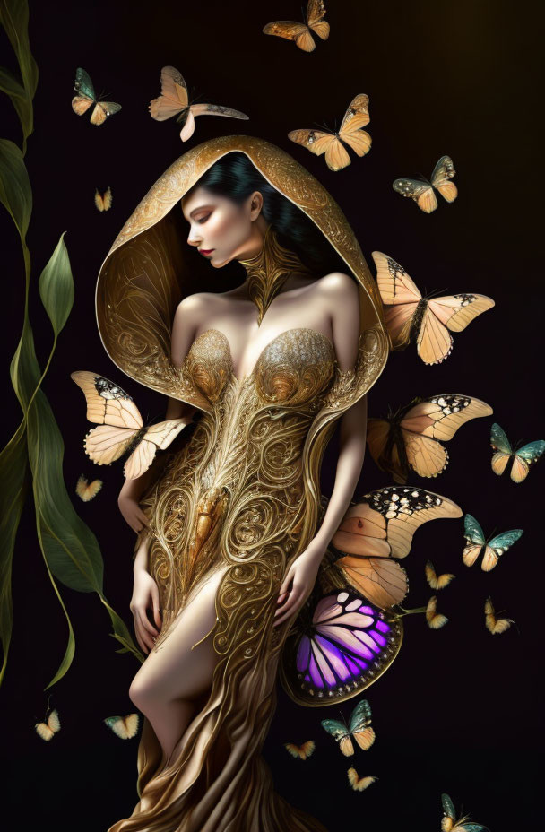 Woman in Gold Butterfly Dress Surrounded by Butterflies on Dark Background