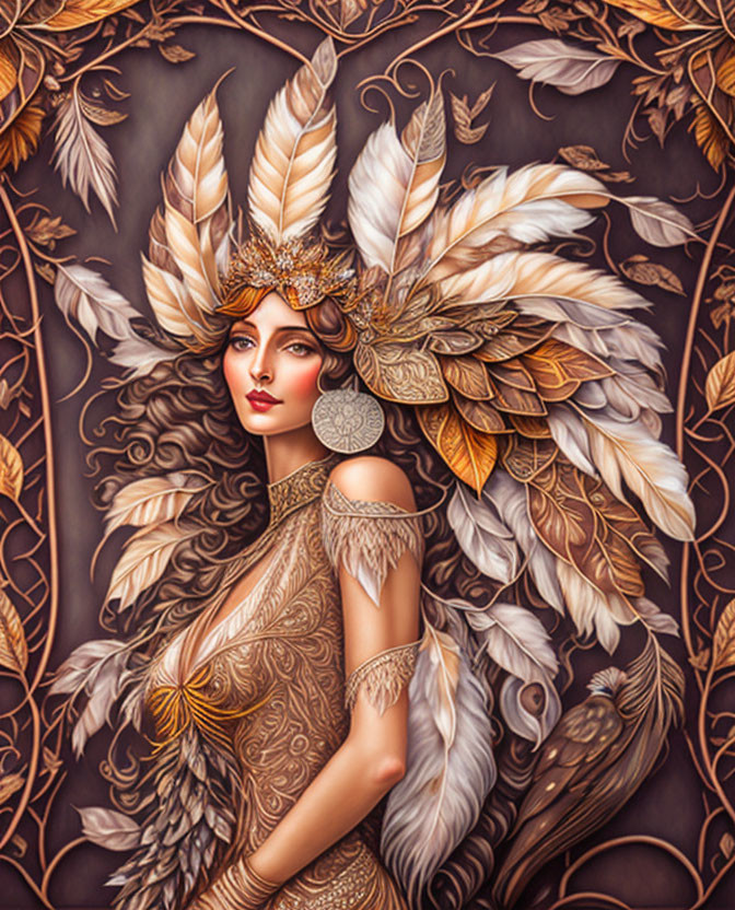 Illustrated Woman with Golden Feather Headdress and Mystical Aura amid Bronze Foliage