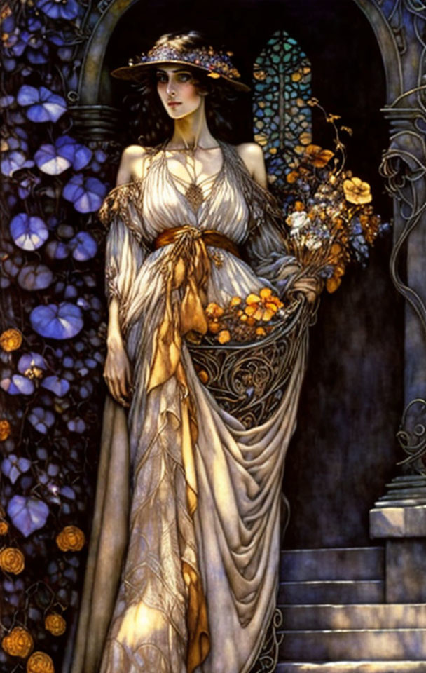 Woman in floral gown by stained glass door with bouquet