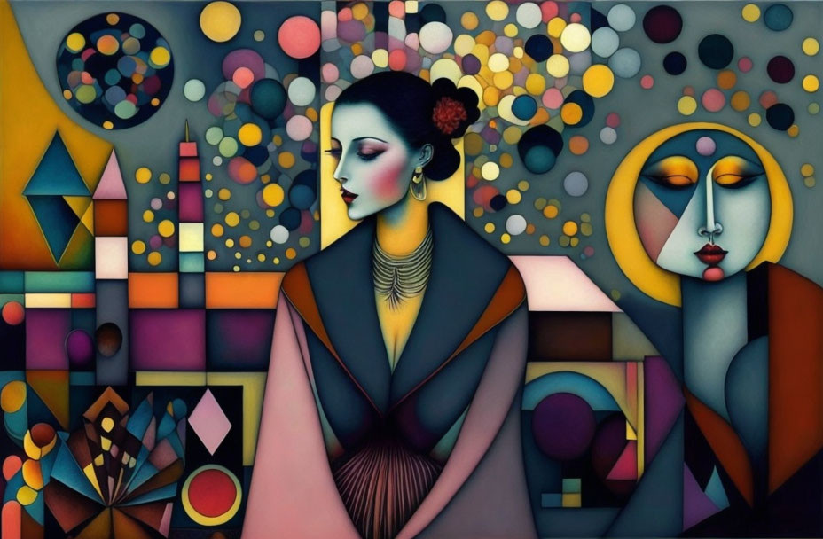 Vibrant abstract painting with stylized female figures and geometric shapes