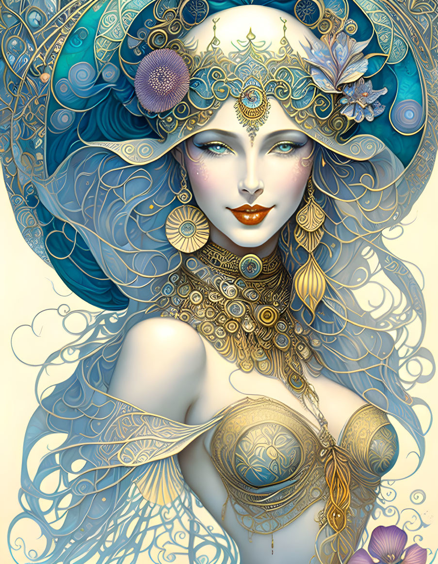 Detailed Fantasy Illustration of Woman in Ornate Jewelry & Blue Headdress