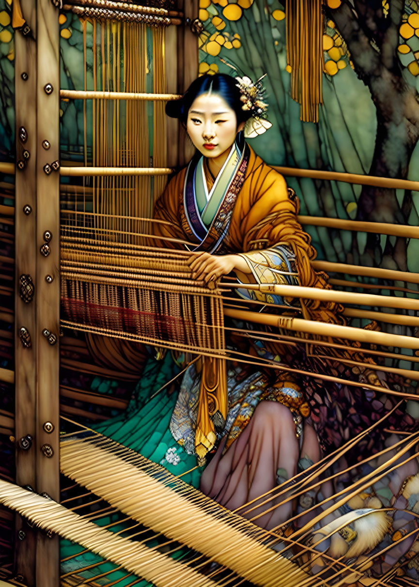 Traditional Japanese woman weaving on wooden loom with bamboo backdrop