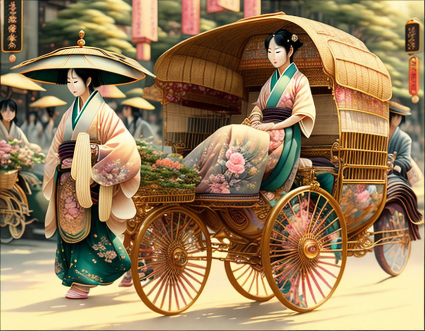 Traditional Japanese attire in serene setting with women and rickshaw