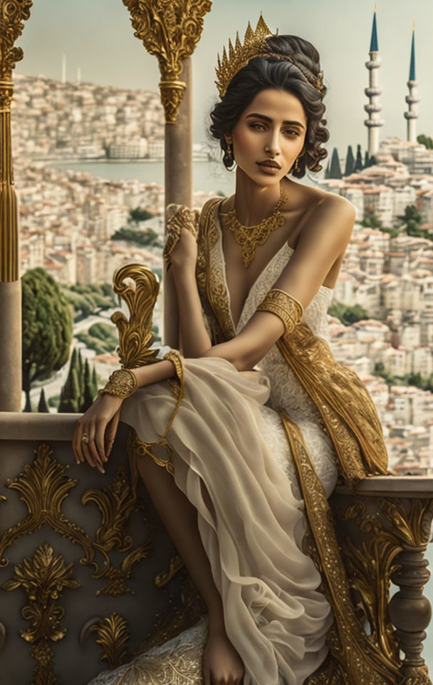 Regal woman in white and gold gown on throne chair overlooking city with minarets