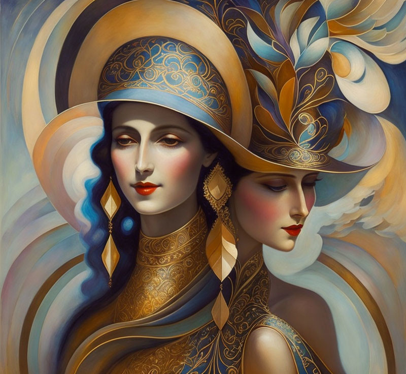 Detailed illustration of two women with elaborate headgear and jewelry in earthy tones