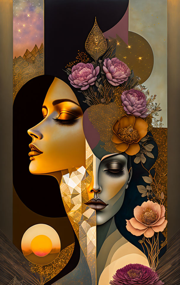 Stylized digital artwork of two women with floral, geometric, and celestial motifs