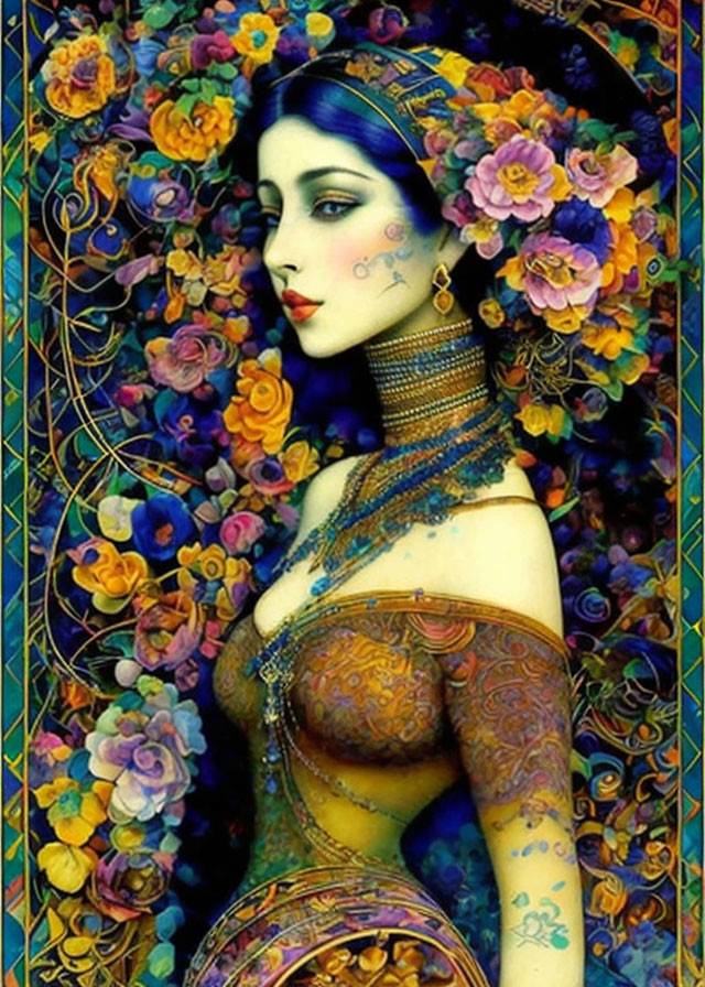 Vibrant artwork of a woman with blue skin and floral surroundings