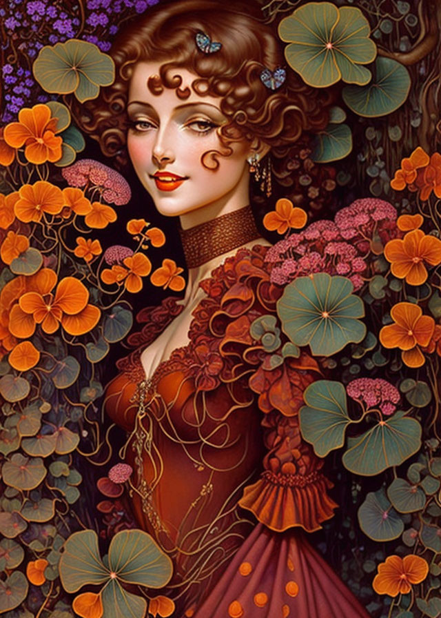 Colorful illustration of woman with curly hair in orange and purple floral setting