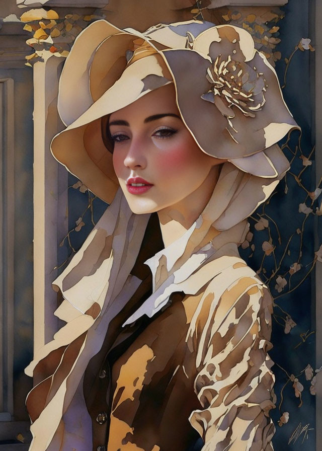 Vintage Wide-Brimmed Hat and Scarf on Elegant Lady in Architectural Setting