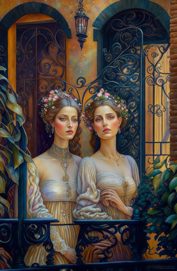 Two women in floral crowns and elegant dresses by a wrought iron gate in a colorful setting.