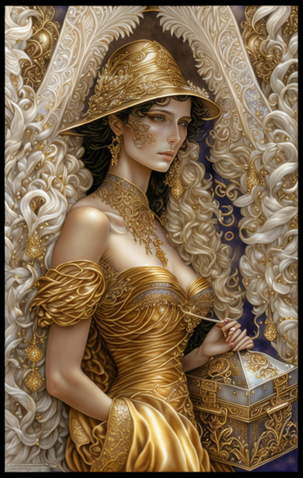 Illustrated woman in golden attire with elaborate headdress holding a small chest among intricate white patterns.