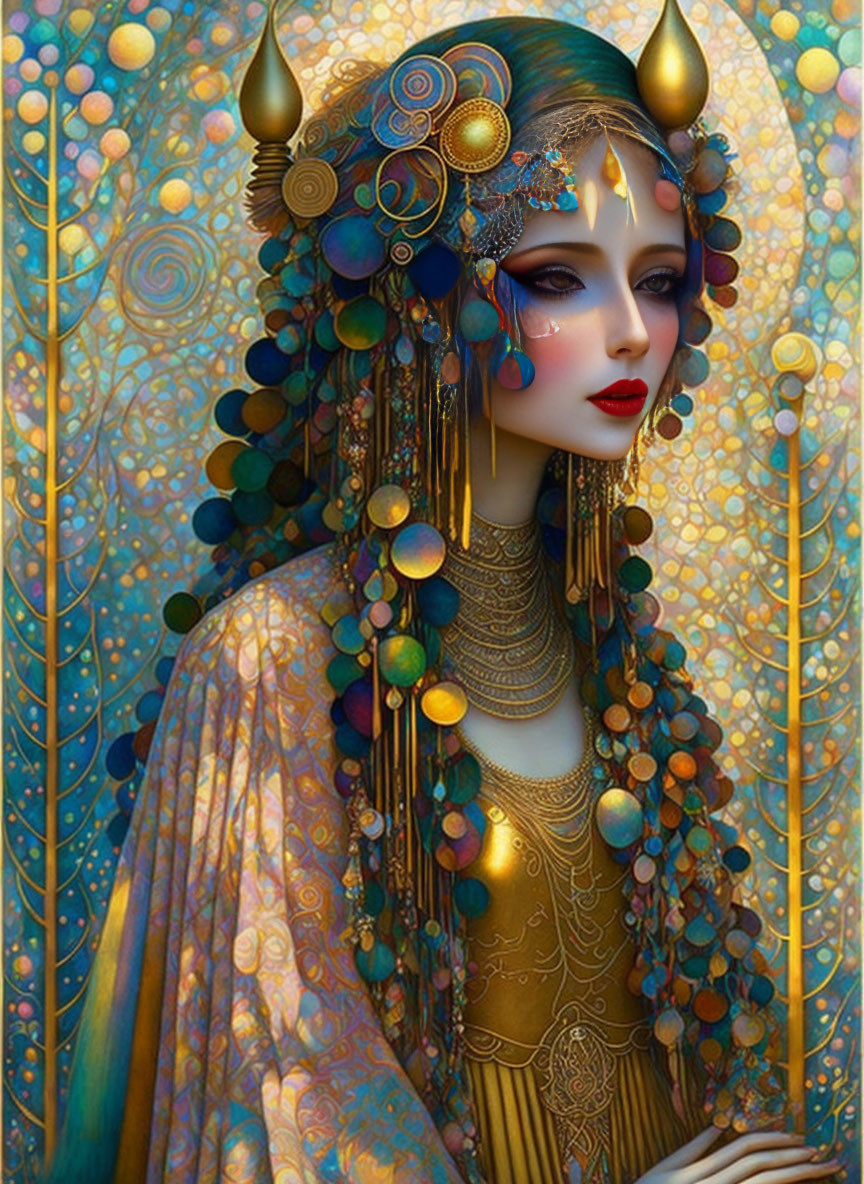 Fantastical female creature with golden horns and ornate headdress in digital artwork