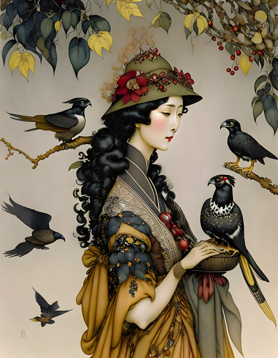 Illustration of elegant woman with black hair and red floral hat among branches and blackbirds