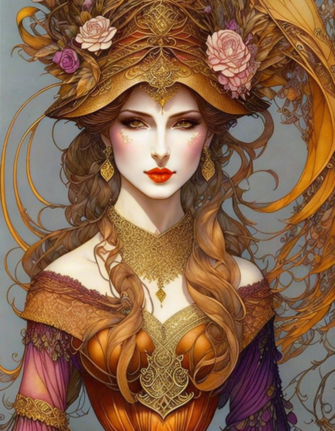 Detailed portrait of elegant woman with golden headwear, roses, curly hair, orange & purple outfit