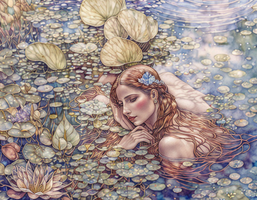 Mystical illustration: Woman with flowing hair among water lilies