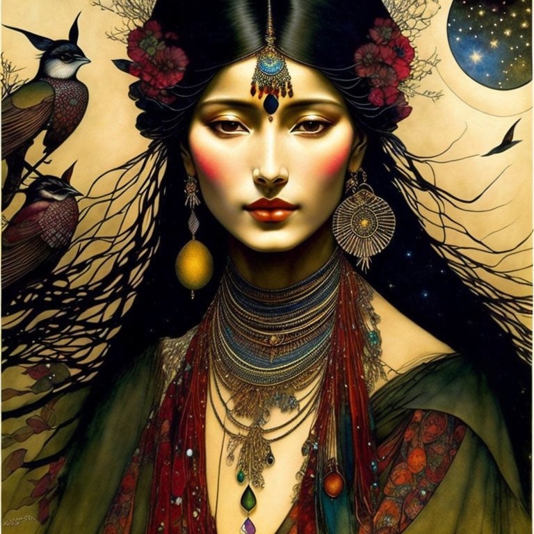 Illustrated portrait of woman with jewelry and mystical aura beside raven in moonlit scene