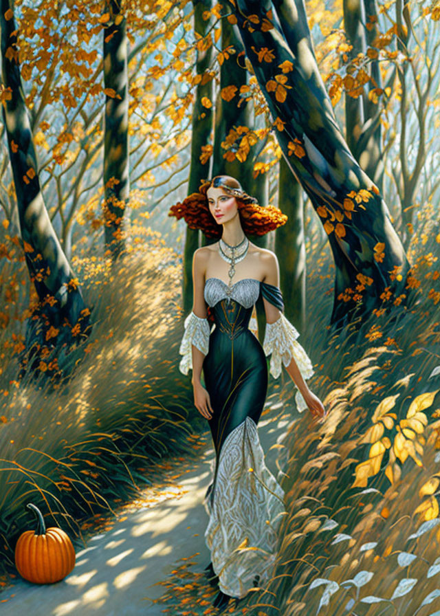 Woman in black and white gown in sunlit autumn forest with pumpkin