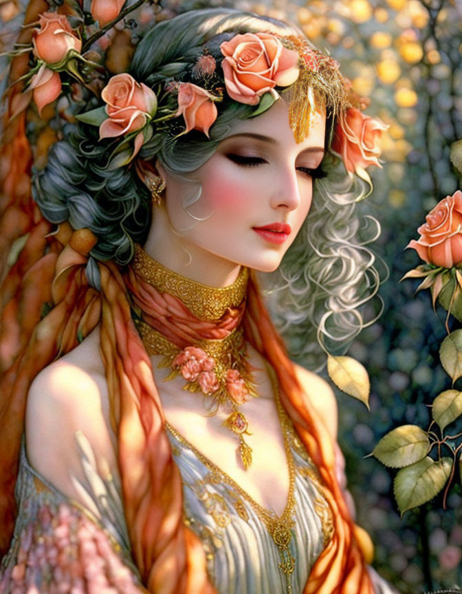 Woman with floral headdress and ornate attire in a fantastical setting.