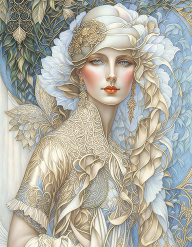 Illustration: Woman with pale skin, red lips, blue and white floral hair, golden headpiece