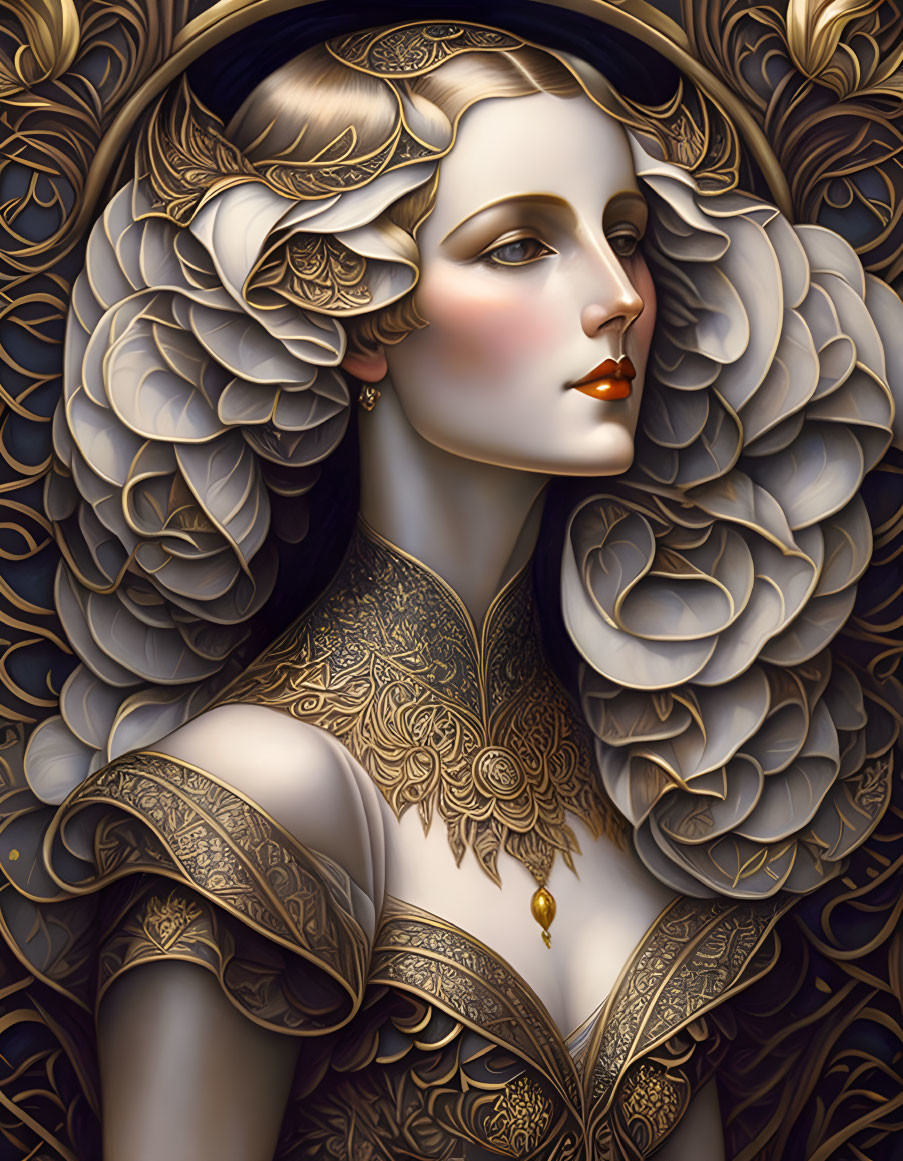 Pale-skinned woman with intricate gold patterns and feathers in elegant jewelry