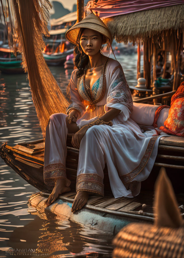 Traditional Attire Woman on Wooden Boat at Sunset