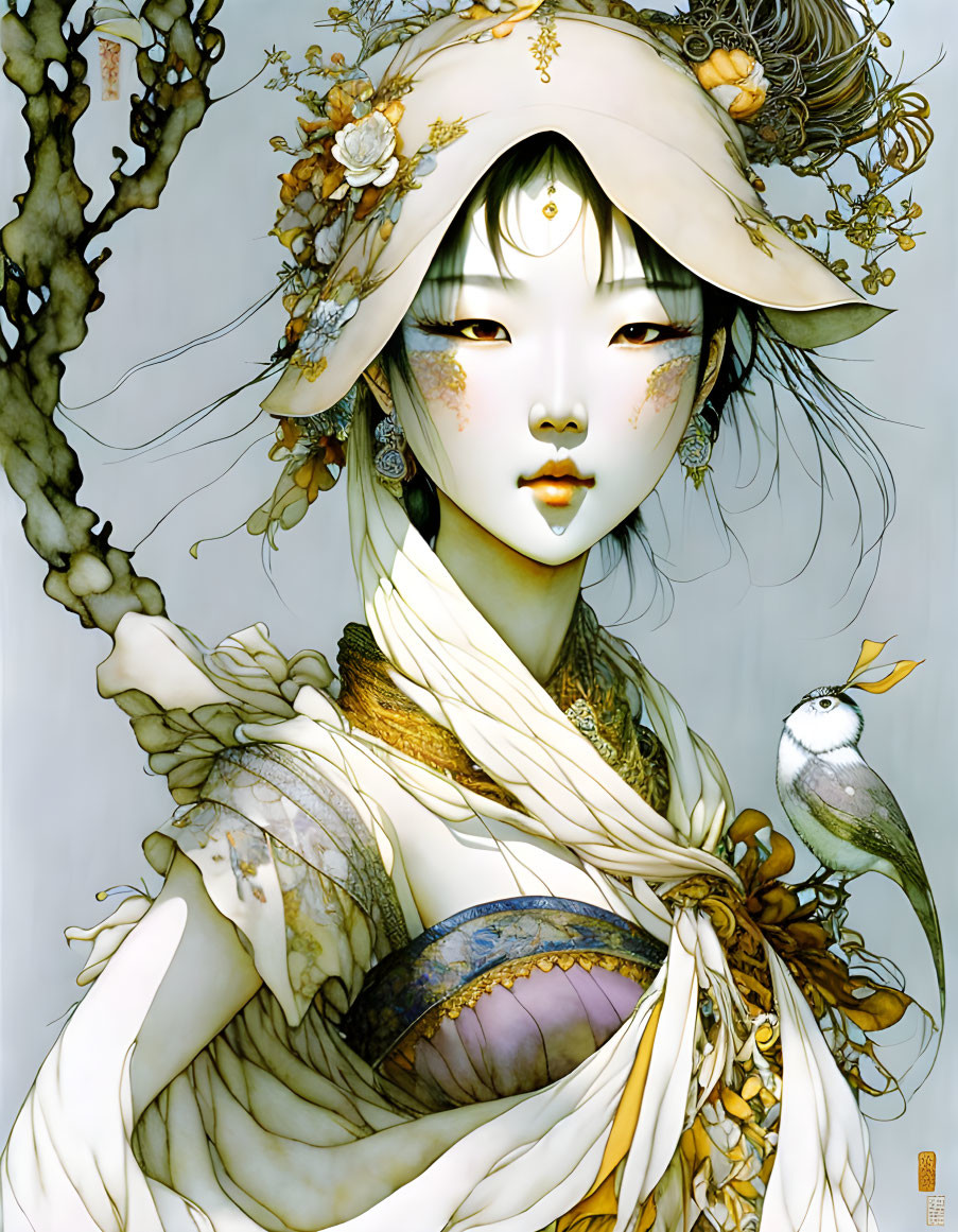 Ethereal female figure in traditional Asian attire with bird and blossoms