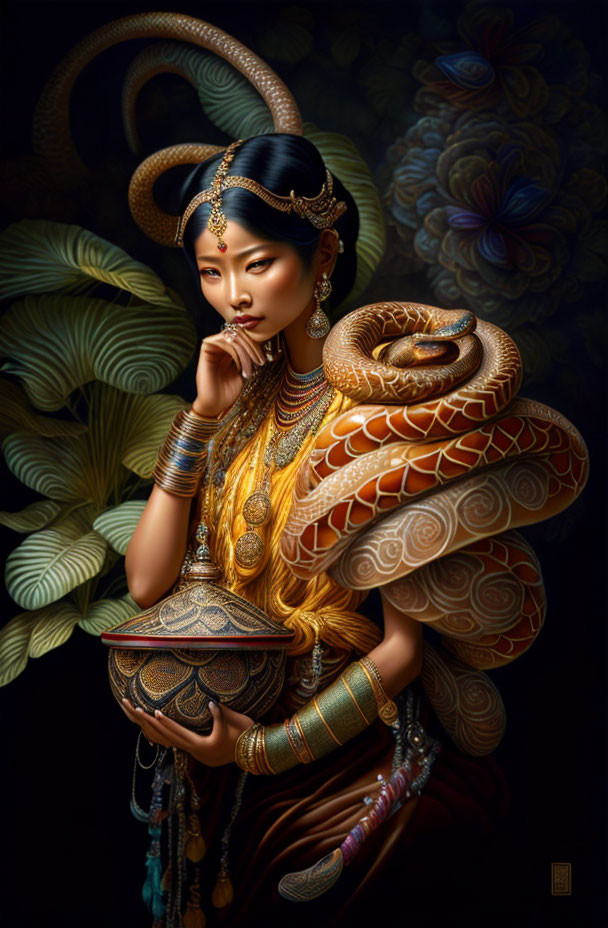 Stylized portrait of a woman with snake-like attributes and gold jewelry against floral backdrop