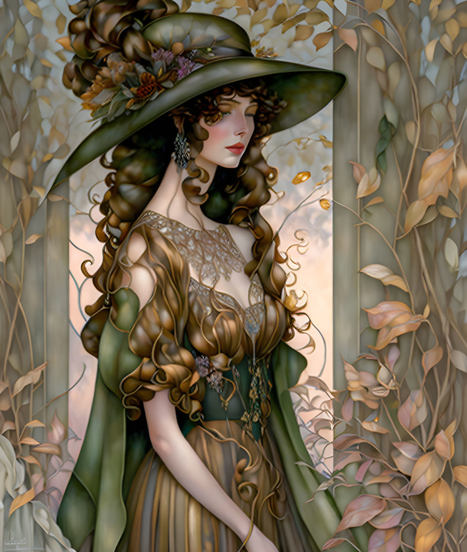 Illustrated woman in green dress and hat with curly hair, surrounded by autumn leaves and butterflies