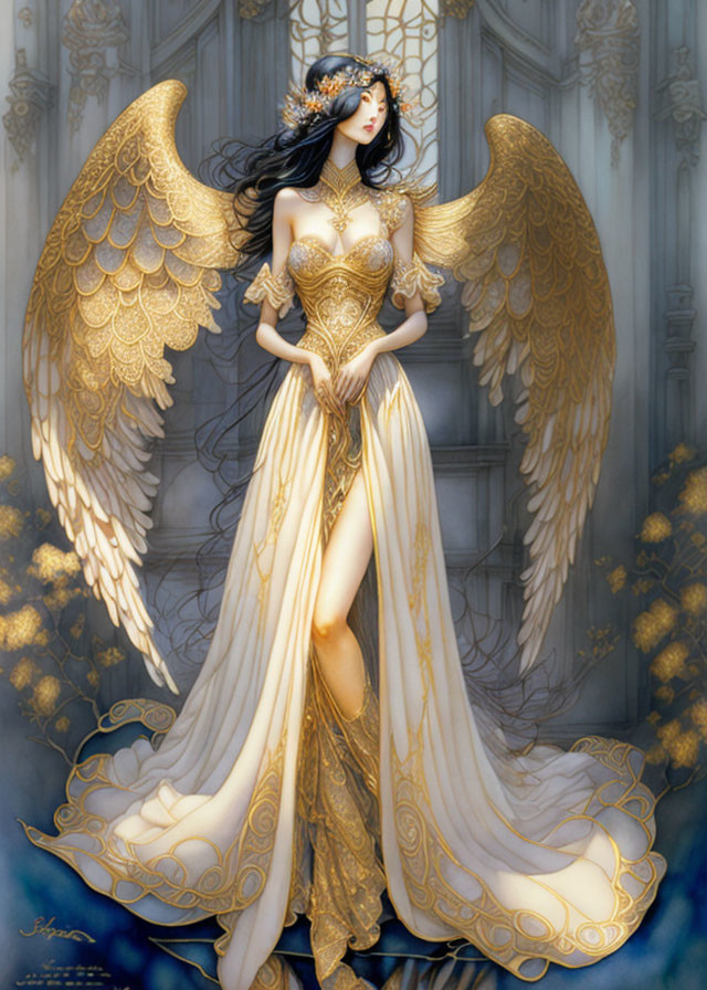 Celestial being with golden wings and gown in ornate setting