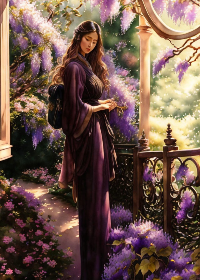 Woman in Purple Dress on Balcony Surrounded by Lilac Flowers