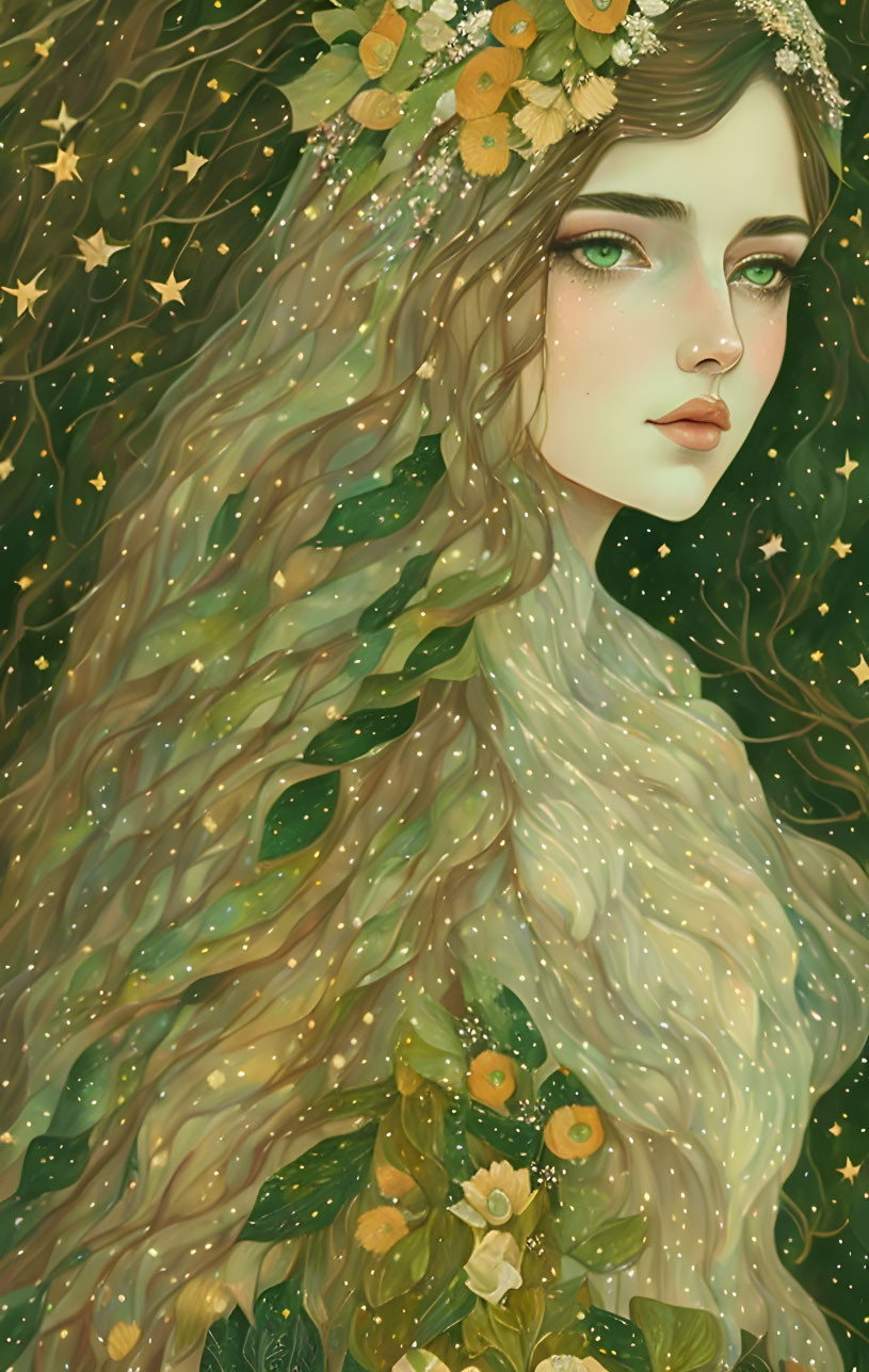 Illustration of woman with long wavy hair, stars, flowers, lush green background.