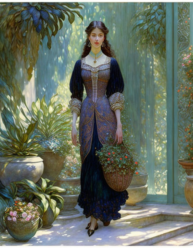 Detailed painting of woman in vintage dress in lush garden