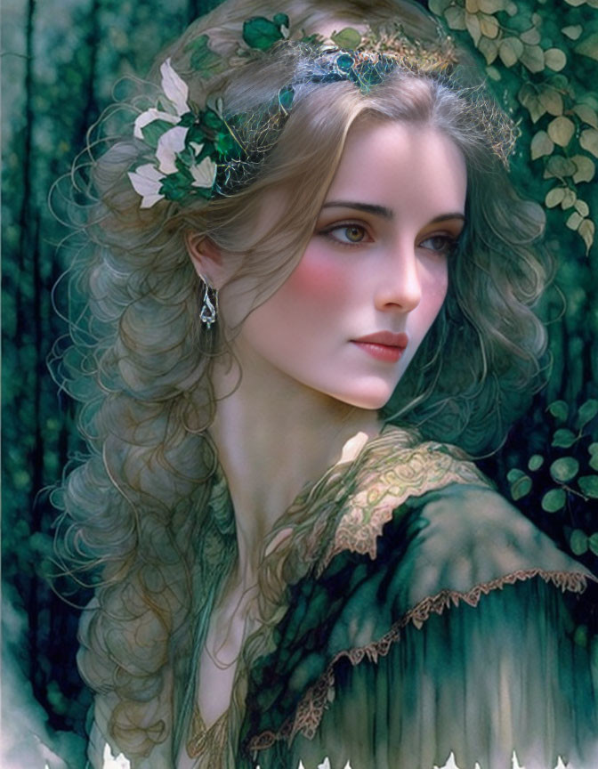 Curly Haired Woman with Flowers and Green Cloak in Lush Foliage