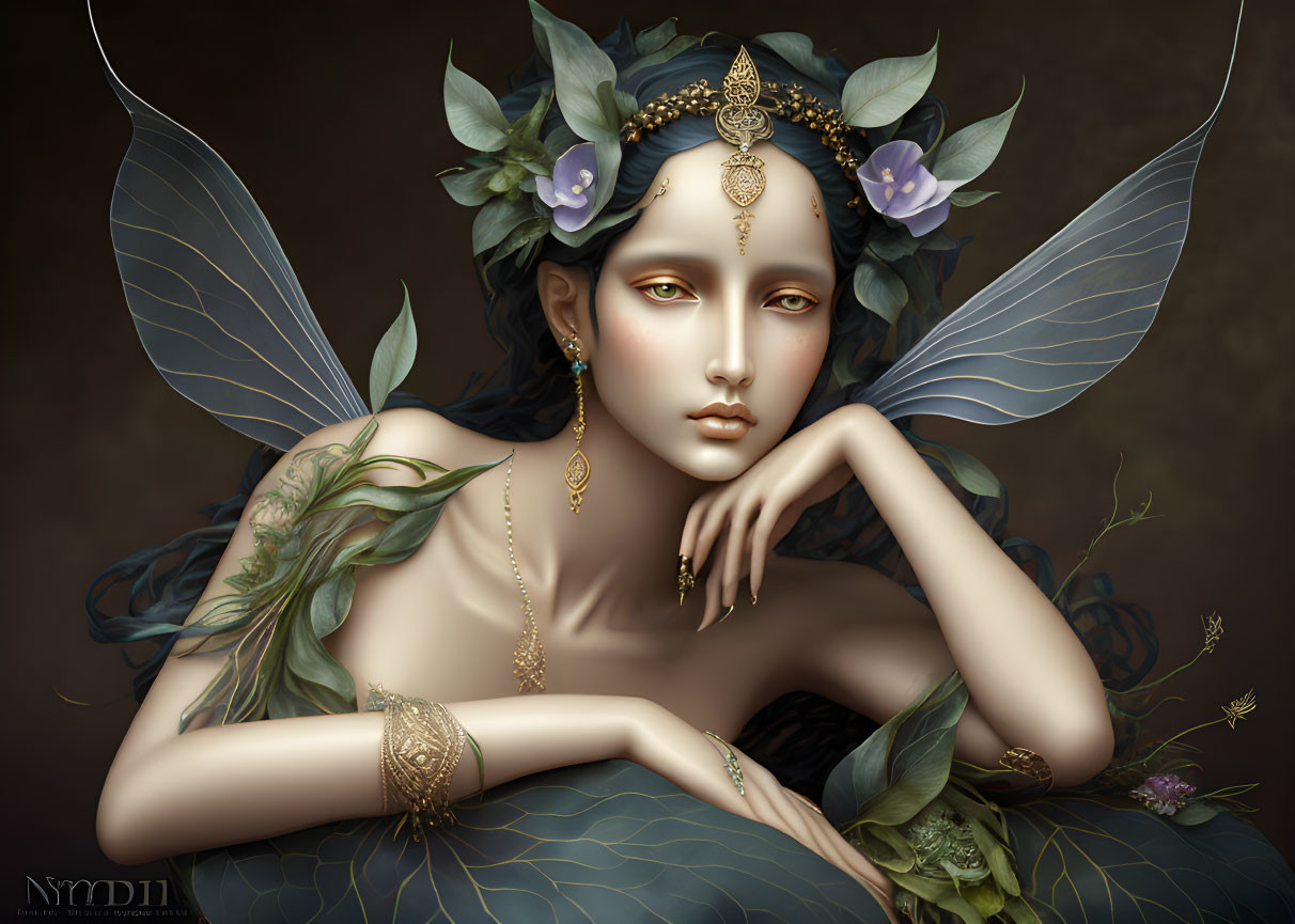 Digital artwork of mythical female figure with butterfly wings and floral accents