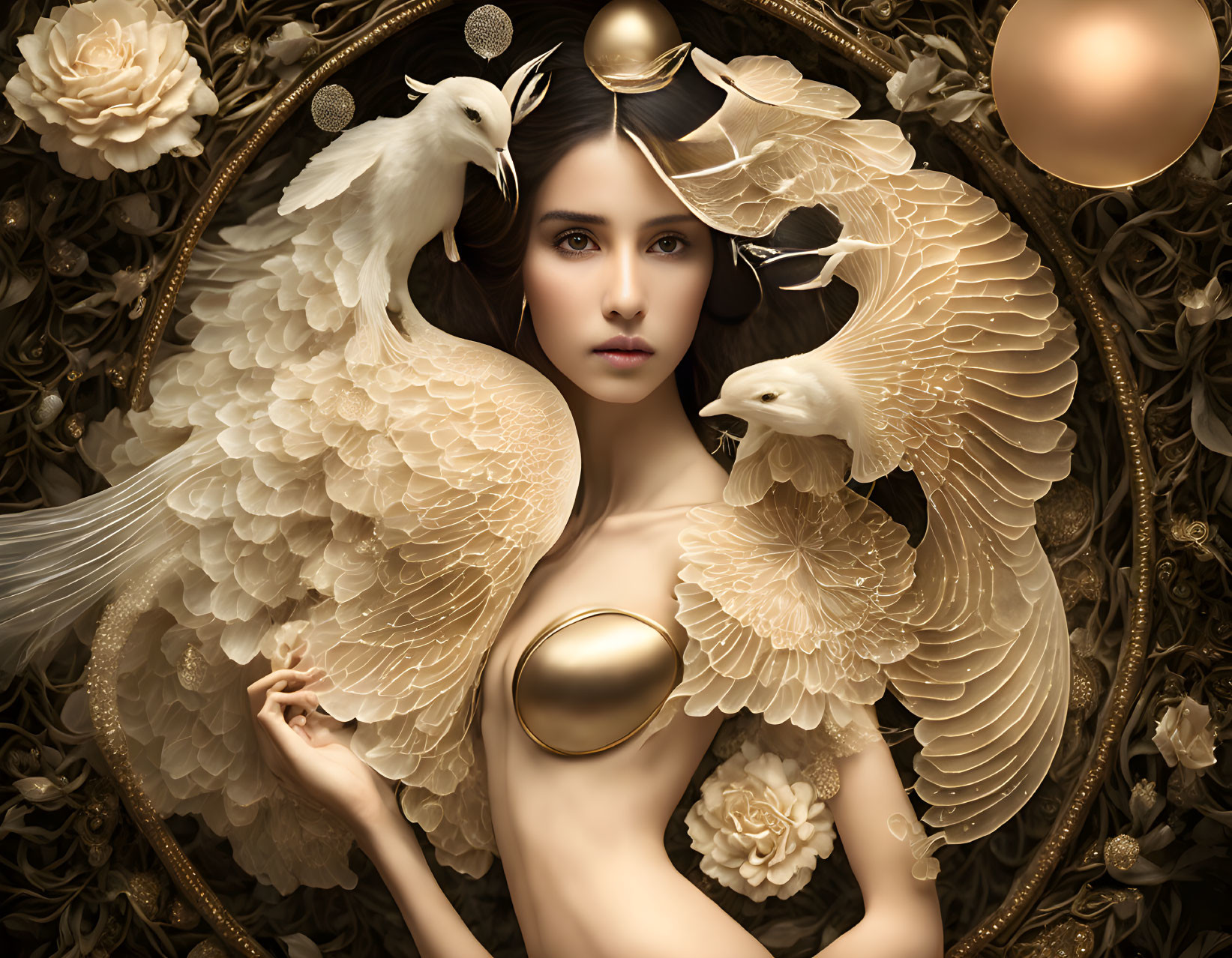 Serene woman with golden accessories surrounded by ornate white birds and florals