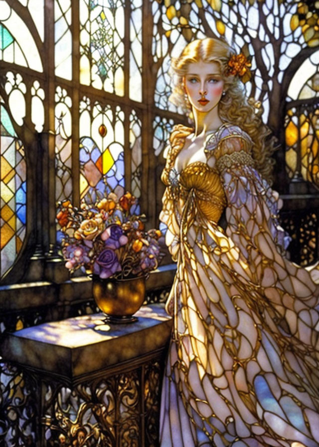 Elegant woman in flowing gown by table with flowers and stained-glass backdrop