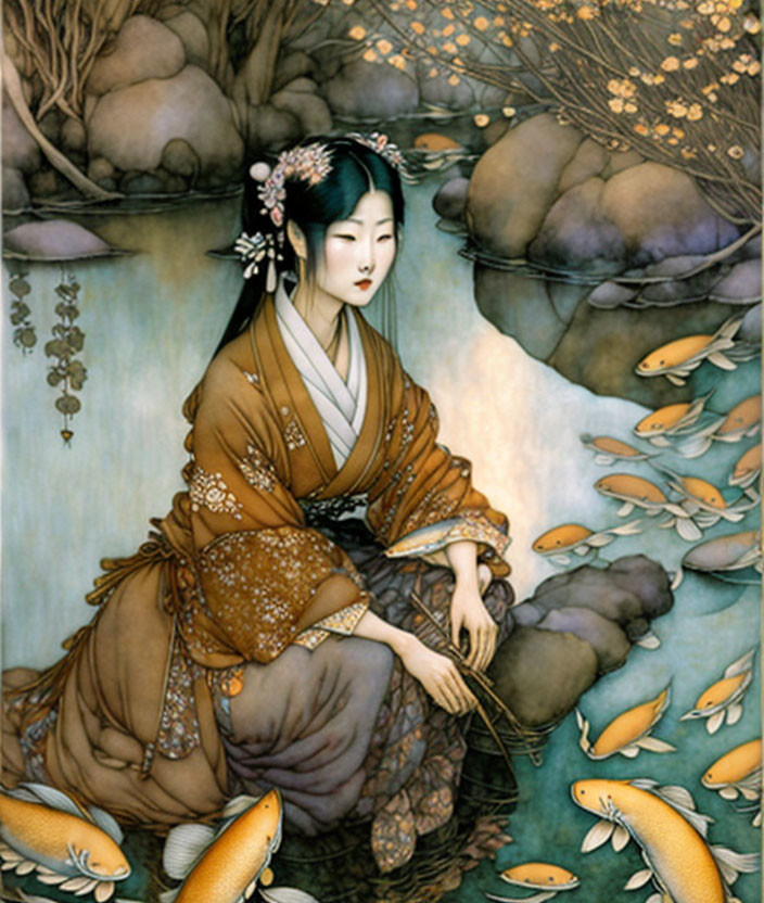 Serene woman in traditional attire by pond with orange koi fish and blossoming tree