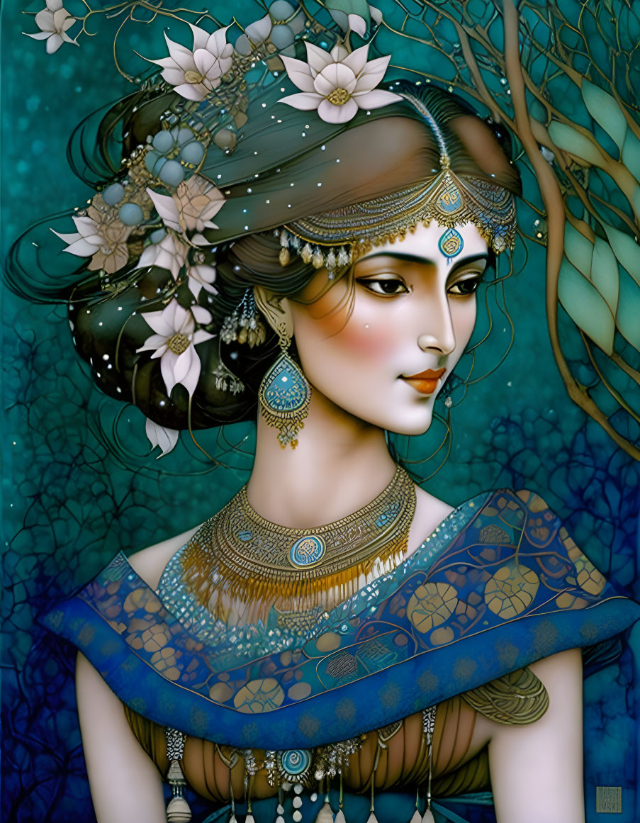 Ornately adorned woman with headdress and flowers on blue background