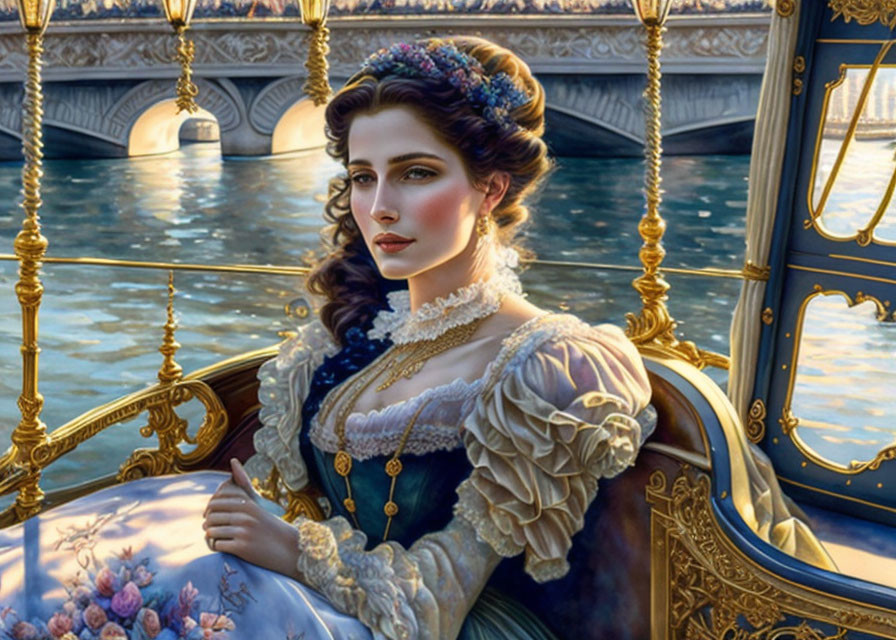 Historical woman in elegant dress in luxurious carriage by bridge and river