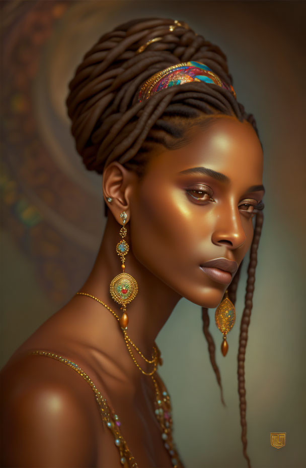 Elegant portrait of a woman with braided hair and jewelry in warm lighting