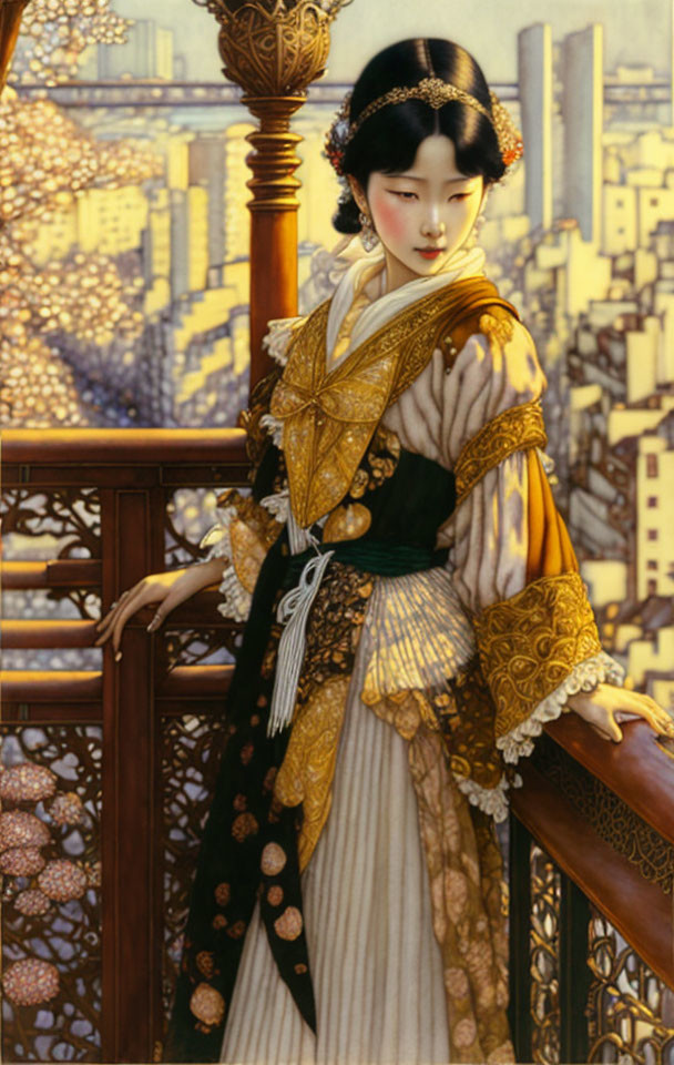 Traditional Asian attire woman on balcony overlooking cityscape at sunset