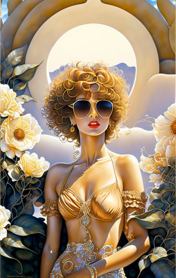 Illustration: Woman with curly hair, sunglasses, golden bikini, white roses, crescent moon.