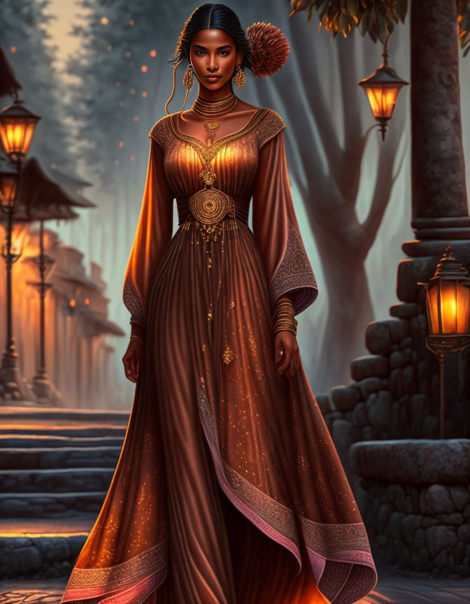 Elegant woman in gold-accented brown gown in tranquil garden at dusk