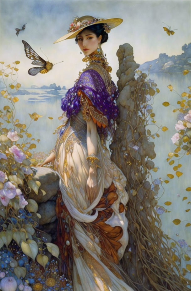 Ethereal woman in purple and gold dress surrounded by flowers and butterflies